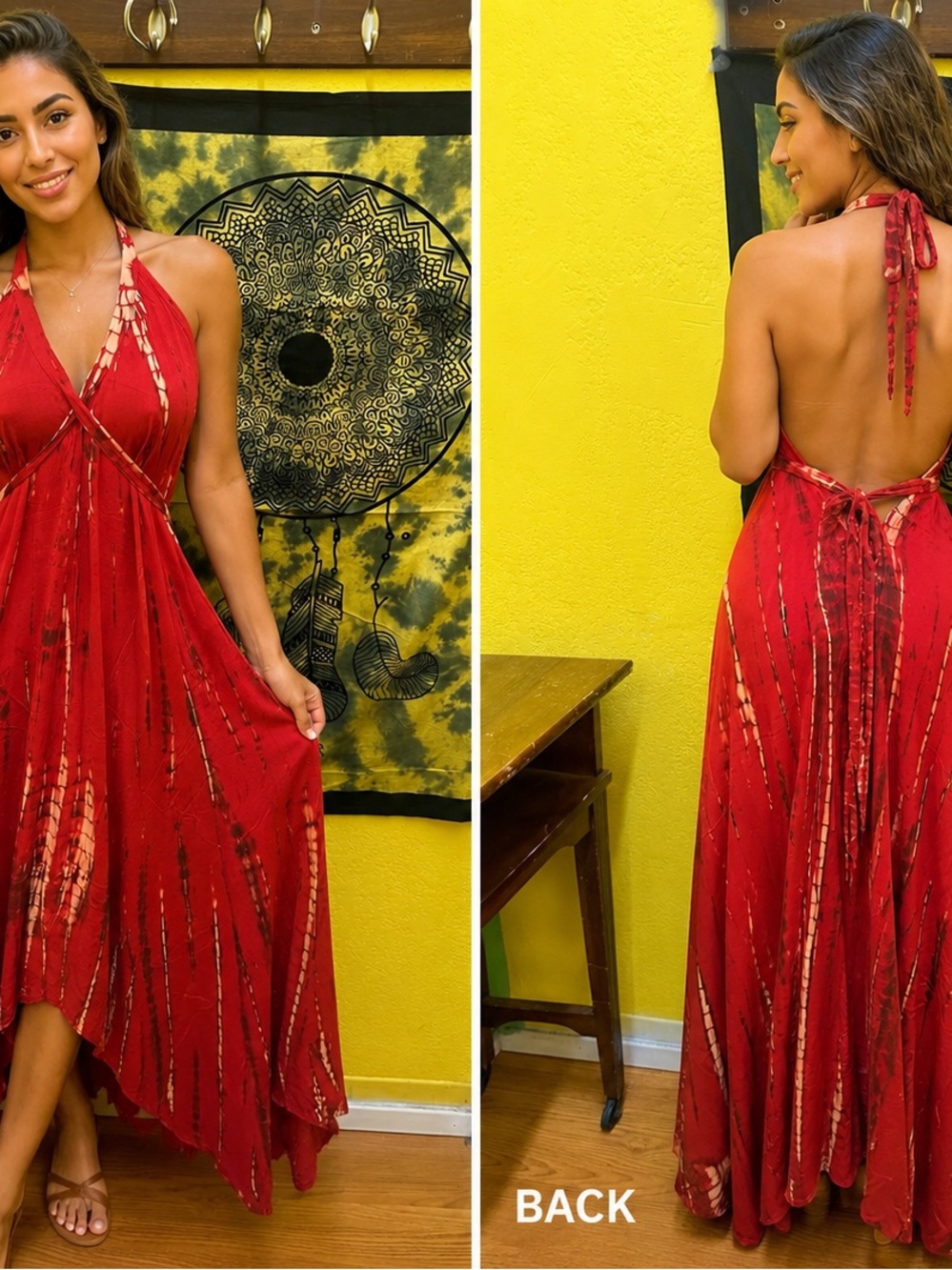 Red Tie-Dye Backless Halter Maxi Dress - Women new dresses one size